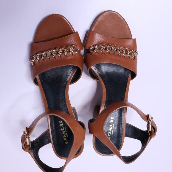 COACH Phoebe Block Heel Sandal Brown Chained Open Toe Ankle Strap Women's 6B - Picture 3 of 8